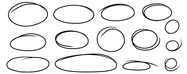 Hand drawn circles set Doodle highlight ovals Marker sketch Highlighting text vector