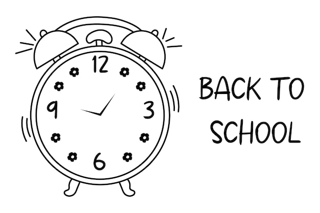 Vector hand drawn classic ringing alarm clock line art retro alarm clock black and white back to school