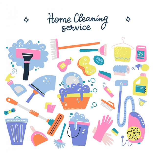 Hand drawn cleaning service tools concept. Cleaning equipment symbols.