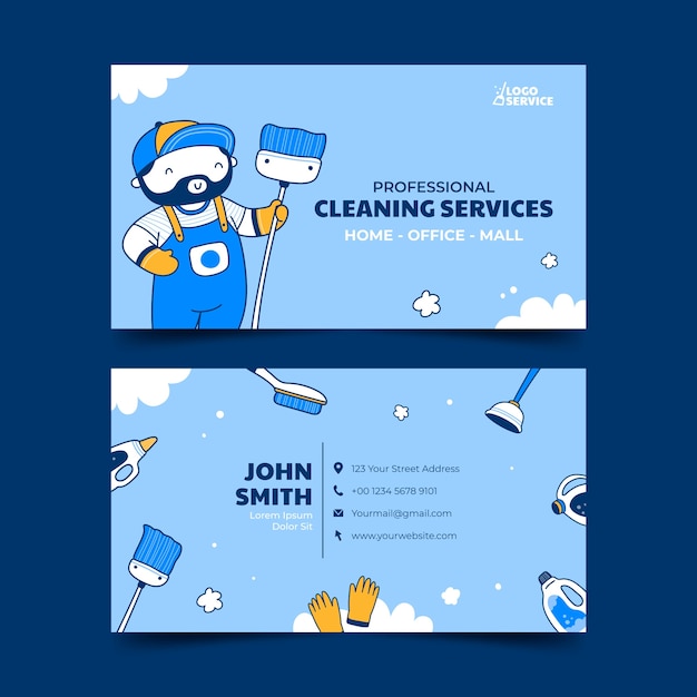 Vector hand drawn cleaning services horizontal business card