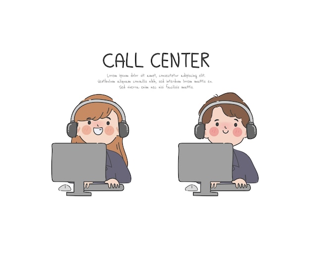 Hand drawn clip art people in customer service call center job office worker character