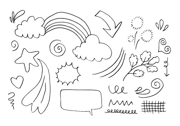 Hand drawn cloud rainbow leaf heart light emphasis bubble speech arrow star vortex .