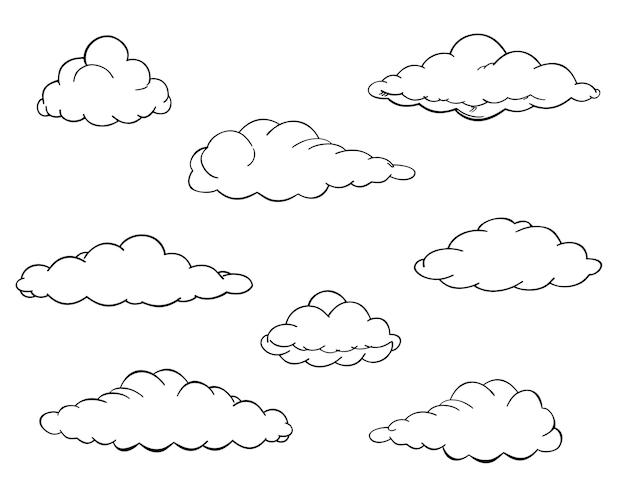 Vector hand drawn clouds set clouds of various shapes in line style set of clouds in sketch style