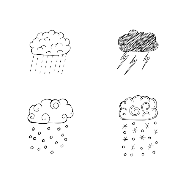 Hand drawn clouds with precipitation Rain snow thunderstorm Doodle sketch vector illustration