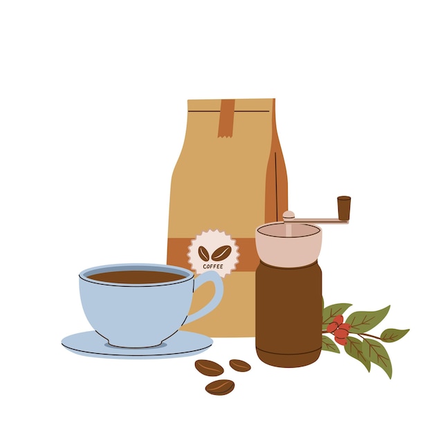 Hand drawn coffee cup grinder and beans vector illustration Hot drink cappuccino espresso