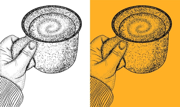 Hand drawn coffee cup in hand stippling dot art, stippled art. Dotted drawing of coffee cup in hand.