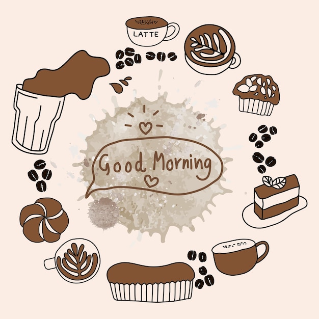 Hand drawn coffee and dessert set for good morning concept