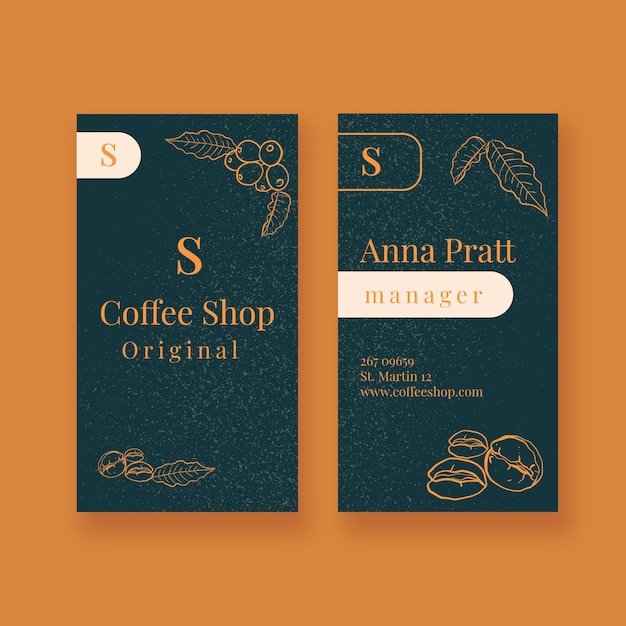 Hand drawn coffee shop vertical business card