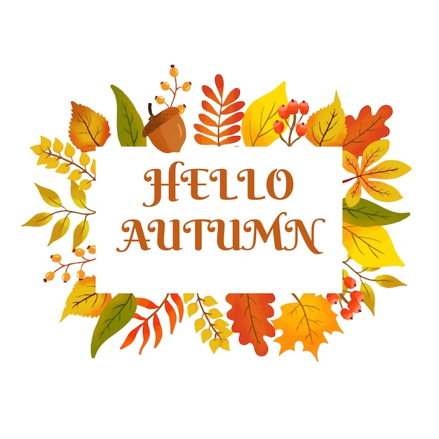 Hand drawn collection of autumn leaves with text hello autumn illustration