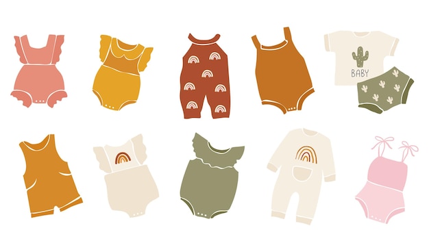 hand drawn collection of baby clothes for nursery decoration and baby shower.