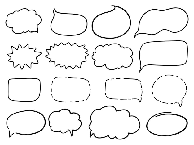 A hand-drawn collection of conversation elements, message boxes. Simple doodle sketch style.