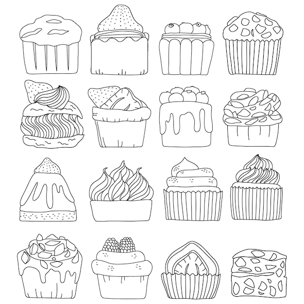 Hand drawn collection of cupcake and dessert in doodle art style on white background