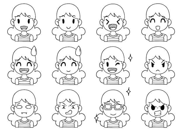 Vector hand drawn collection cute funny avatars cartoon, different emotions