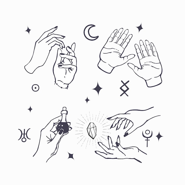 Hand drawn collection of female witches hands in different poses