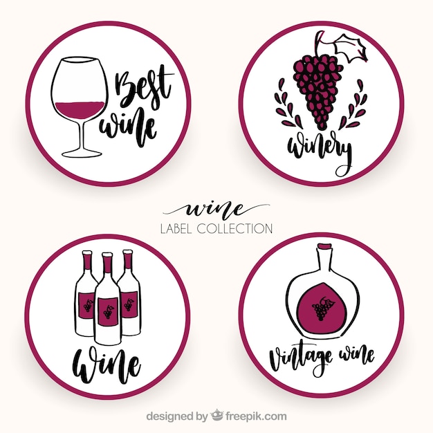 Hand-drawn collection of four round wine labels