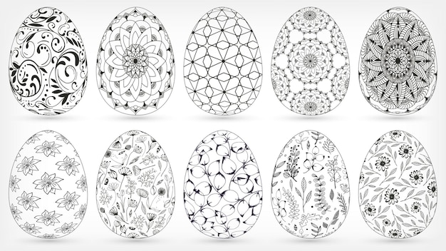 Hand drawn collection of many ornamental eggs with floral patterns, mandala, curls, flowers, leaves, plants, geometric. Decorative set illustration at Easter, greeting card, invitation, coloring book