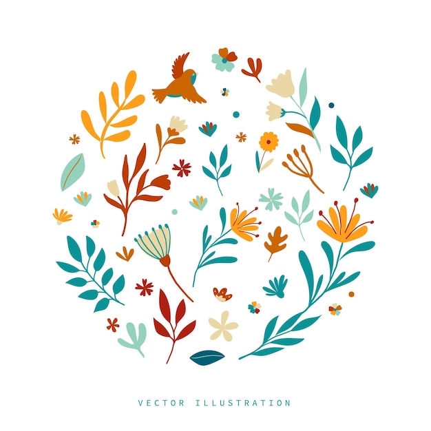 Hand drawn collection for spring with flowers leaves and decorative elements Vector illustration