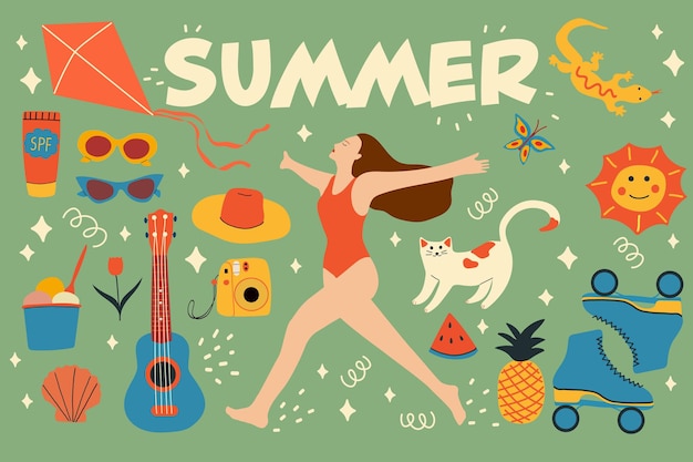 hand drawn collection of summer elements in flat style