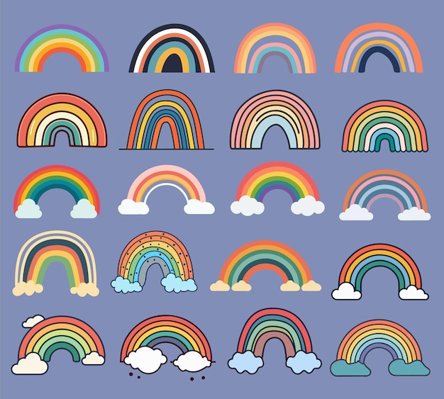 Hand drawn color cute rainbow vector illustration set