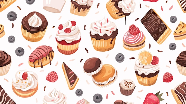 Vector hand drawn colored bakery and desserts vector seamless pattern