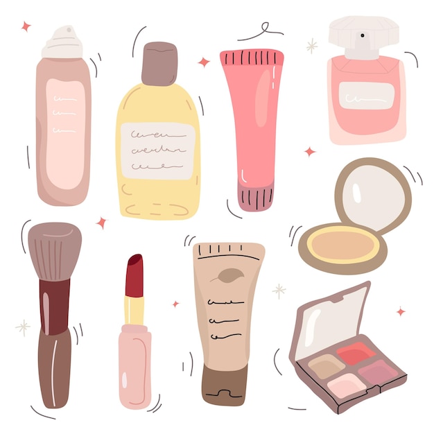 Hand drawn and colored cosmetic packaging illustration. Isolated  background.