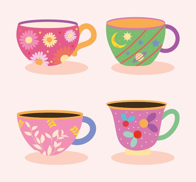 Hand drawn colored mugs set