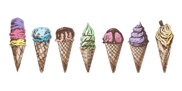 A hand drawn colored sketch of a waffle cones with ice cream or frozen yoghurt