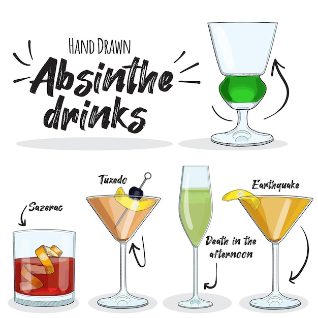 Hand Drawn Colorful Absinthe Drinks Set Sazerac Tuxedo Earthquake Hemingway Champagne