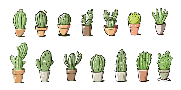 Hand drawn colorful cactus set sketch Vector illustration