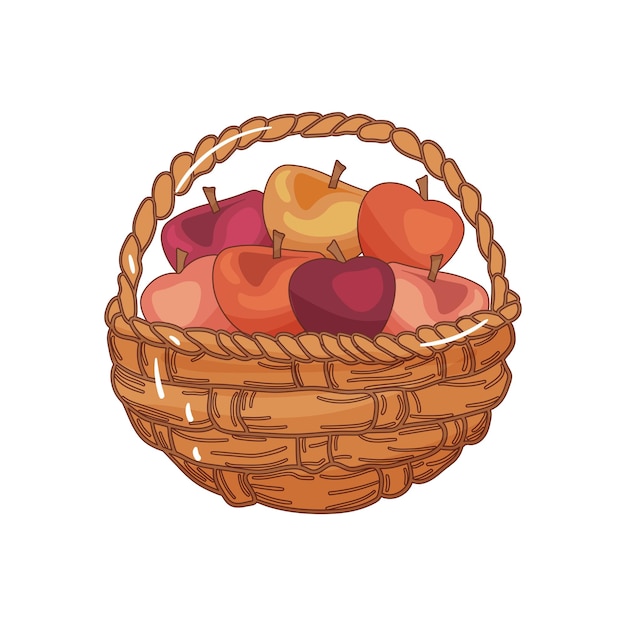 Hand drawn colorful cartoon illustration of a autumn wicker picnic basket with apples