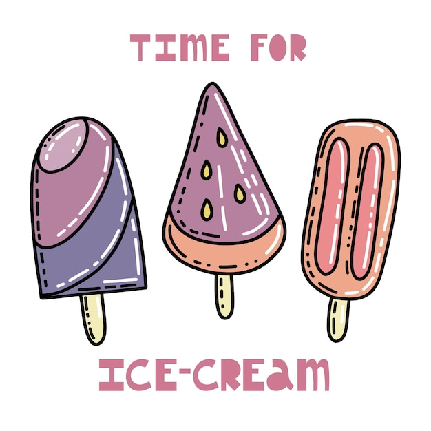 Hand drawn colorful chocolate doodle icecream and text for poster Vector illustration