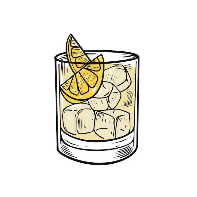 Hand drawn colorful cocktail with lemon slice sketch style.