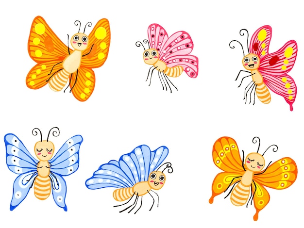 Hand drawn colorful cute butterfly cartoon collection