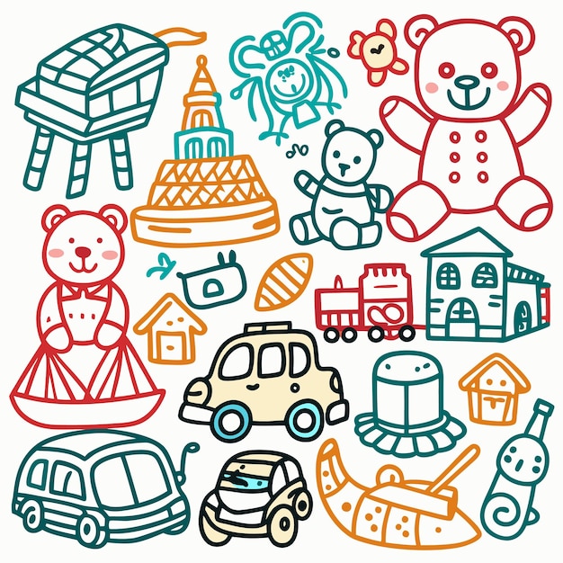 Vector hand drawn colorful doodle illustrations of houses cars and teddy bears