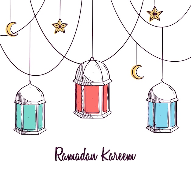 Hand drawn of colorful lantern for Ramadan greetings card Background