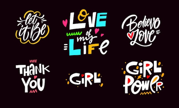 Hand drawn colorful modern motivation phrases set Typography and calligraphy lettering text