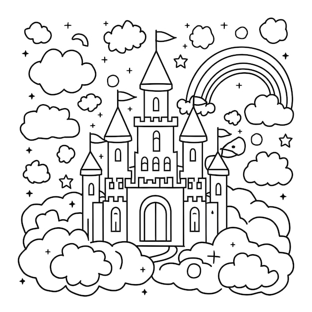 Hand drawn coloring book page illustration of a fairytale castle surrounded by clouds and a rainbow