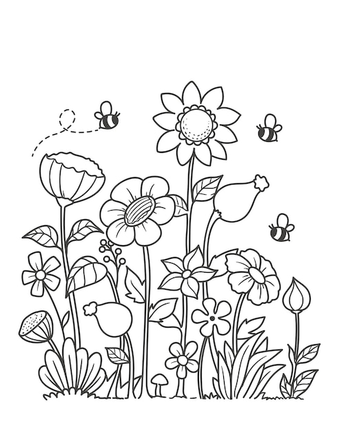 Hand drawn coloring garden flowers