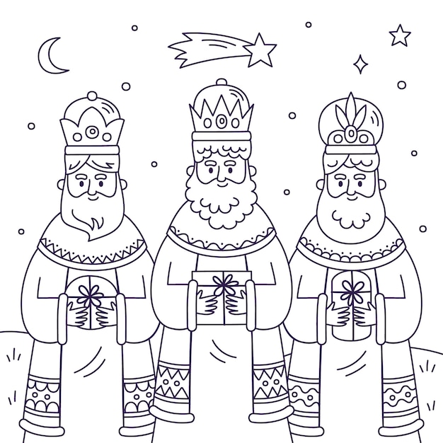 Hand drawn coloring page illustration for reyes magos