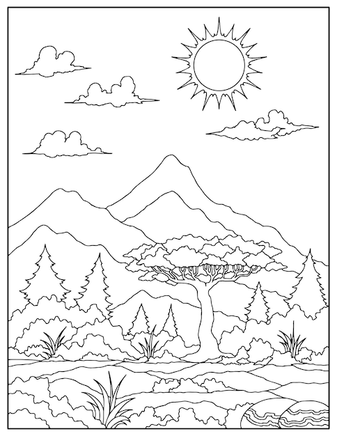 Hand drawn coloring page landscape mountain outline