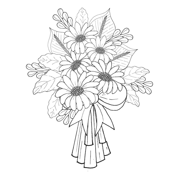 Hand drawn coloring page with a elegant botanical composition of flowers and leaves line art