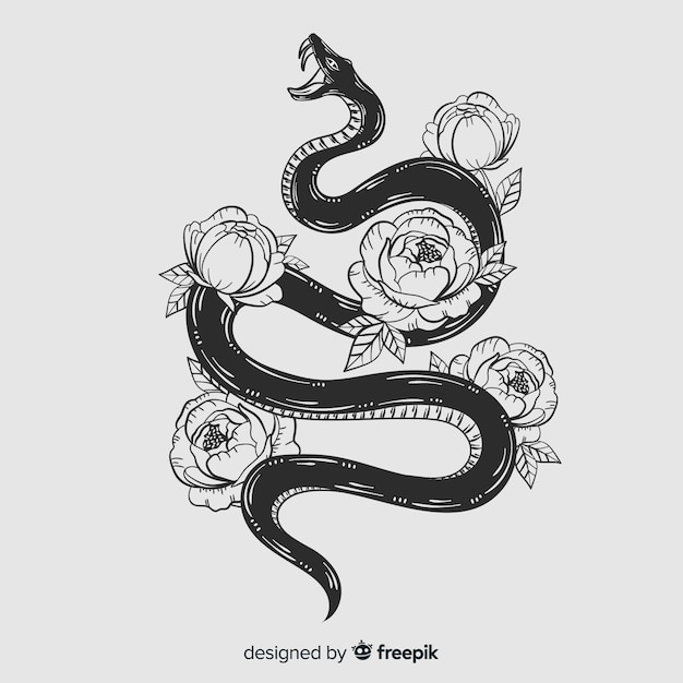 Hand drawn colorless snake with flowers background