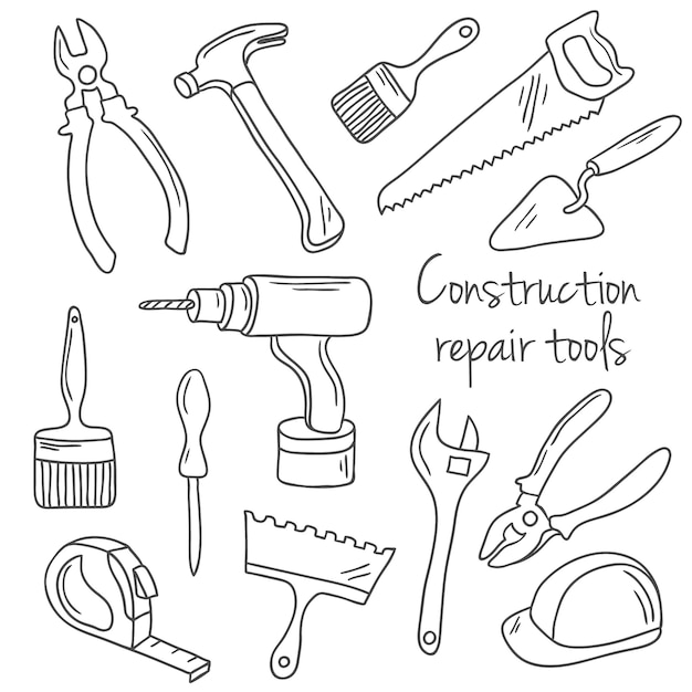 Hand drawn construction and repair tools set