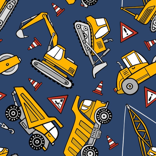 Hand drawn construction trucks and bulldozers, road construction seamless vector pattern.