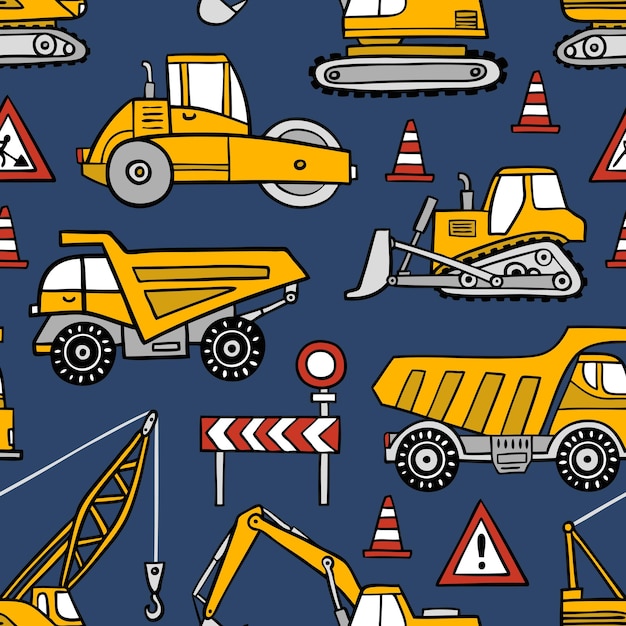 Hand drawn construction trucks and bulldozers, road construction seamless vector pattern.