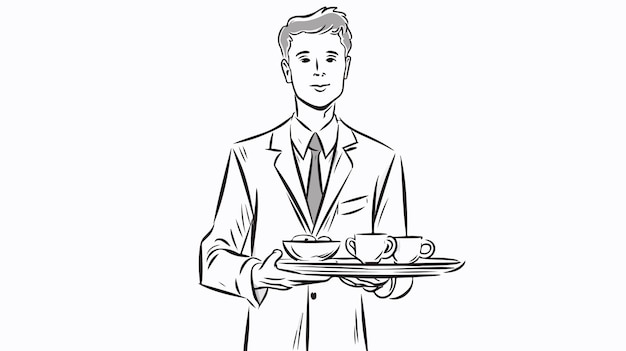 Vector hand drawn continuous line art of waiter vector illustration