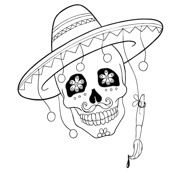 Hand-drawn contour illustration of Mexican skull with mustache in a sombrero.