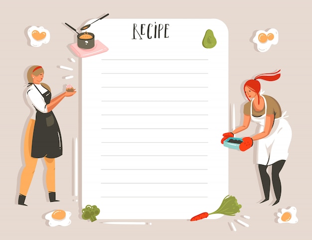 Vector hand drawn cooking studio illustration recipe card planner templete with girls isolated on white background