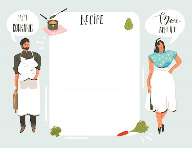 Vector hand drawn cooking studio illustrations recipe card templete with people, food, vegetables isolated on white background