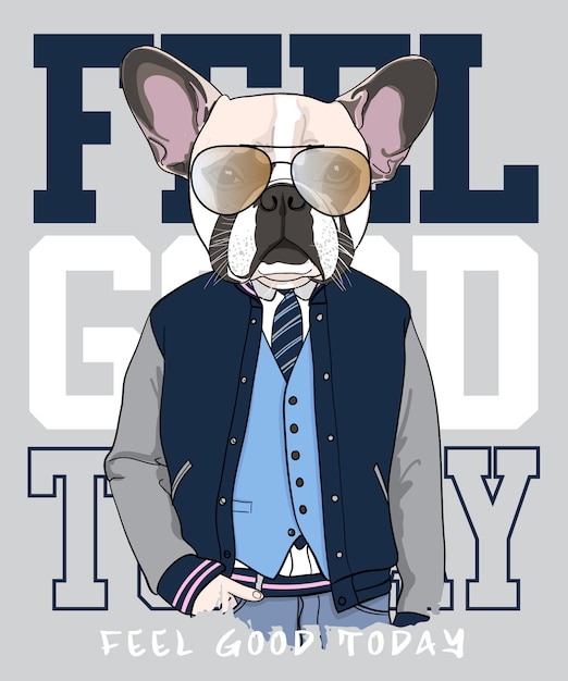 Hand drawn cool pug illustration, vector.